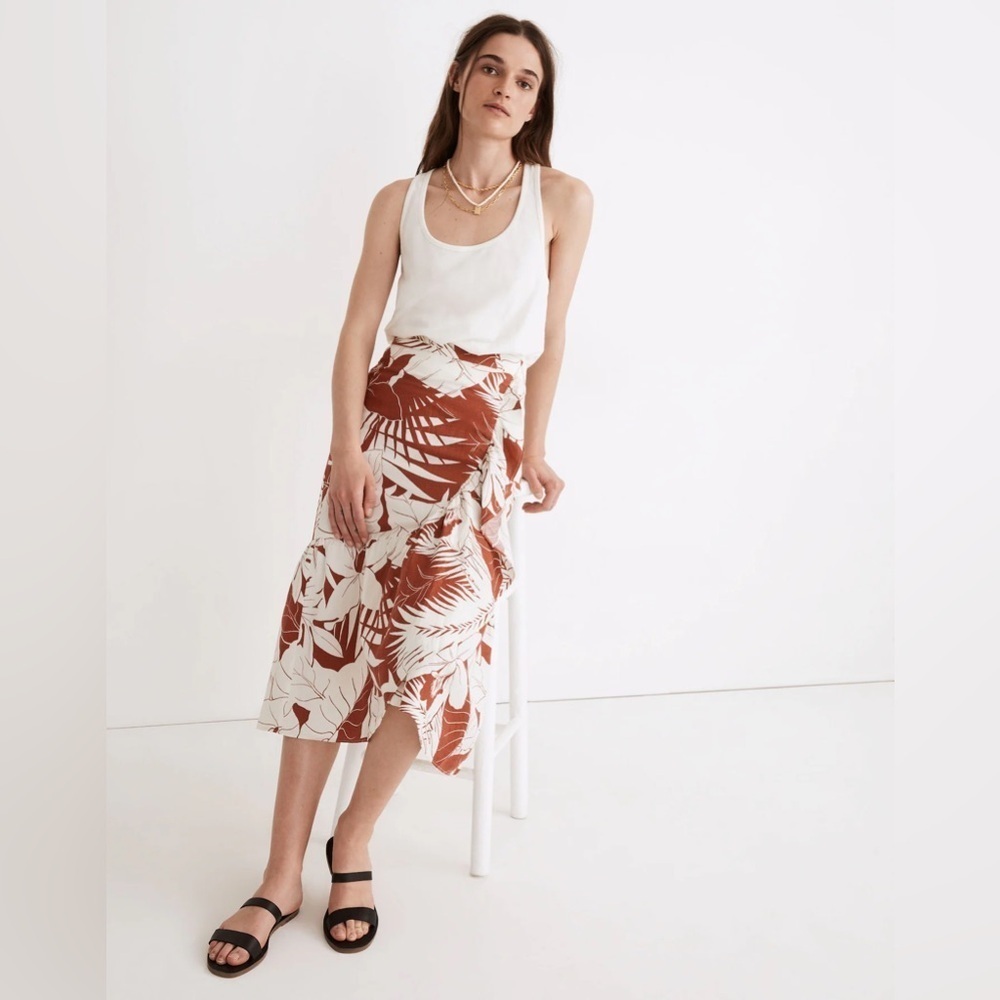 Madewell Linen-Blend Ruffle-Wrap Midi Skirt in Tropical Vacation Size 14